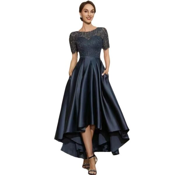 New Lace Short Front And Long Back Navy Blue Fashion Toast Party Dress - Image 6