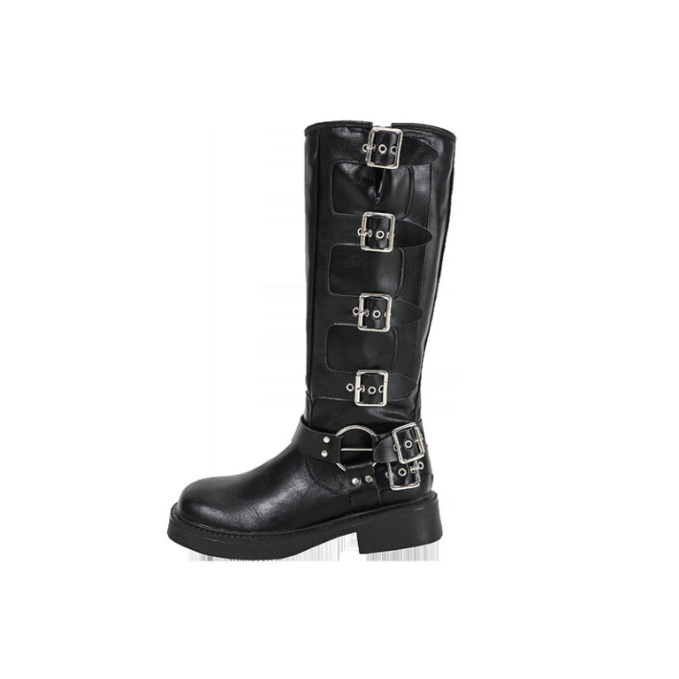 Genuine Leather Chunky Heel Martin Boots Women's Retro Maillard High Belt Buckle Square Head Knight Boots - Image 3