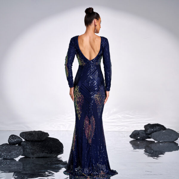 Long Sleeve Temperament Crew Neck Sexy Long Sequined Banquet Evening Dress - Image 7