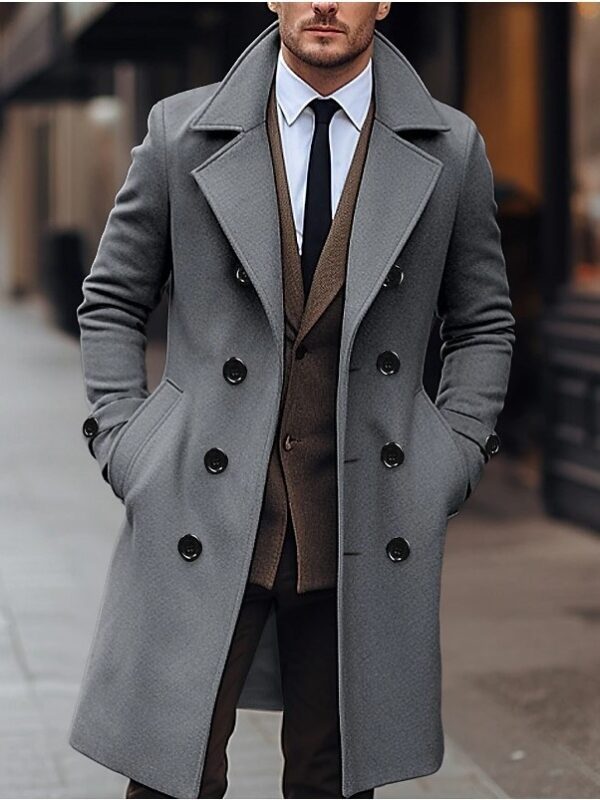 Fall Winter Men Woolen Coat Double Breasted Long - Image 6