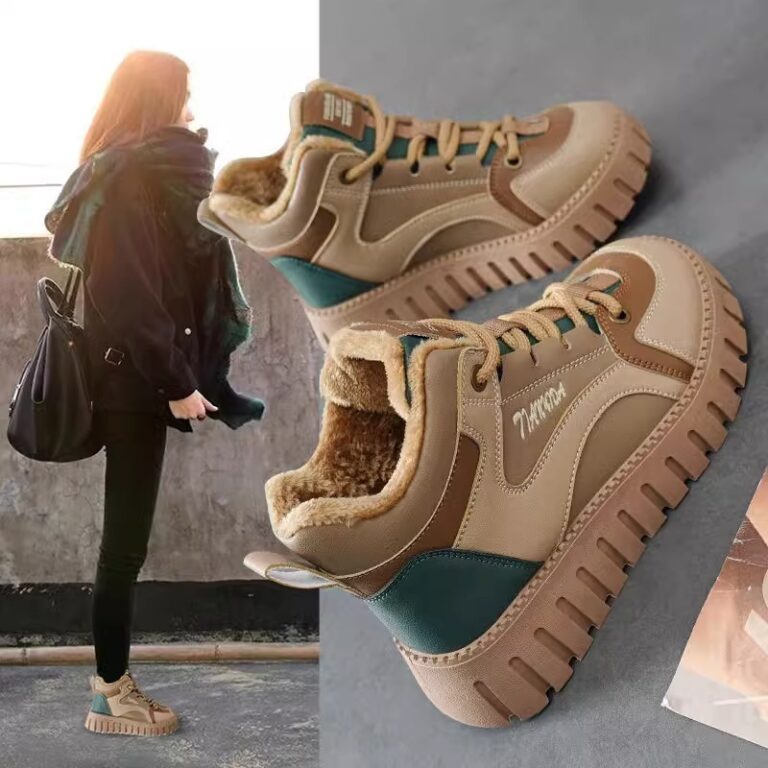 Thick Bottom Fashion Sneaker Women's Fleece Lined Leather High Top - Image 2