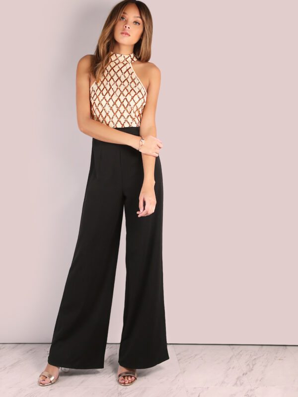 European and American women's sexy jumpsuit hanging neck sequins stitching trumpet jumpsuit trousers - Image 8