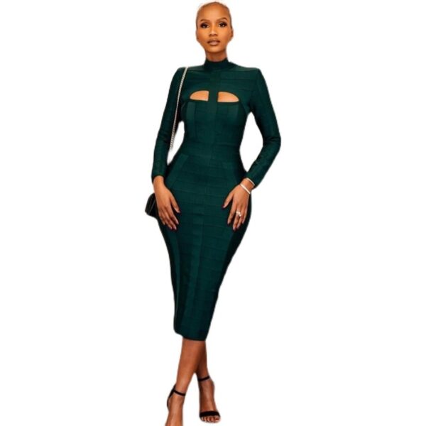 Dark Green Stand Collar Long Sleeve Slim Fit Bandage Dress - Image 8