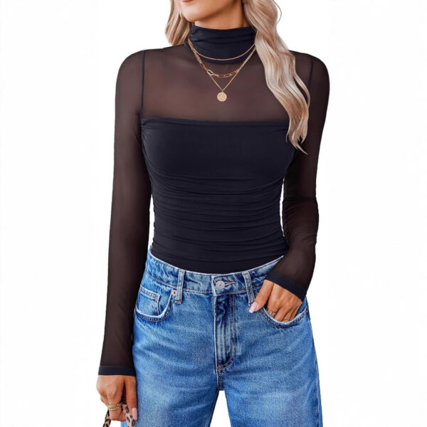 Round Neck Mesh Stitching Sheer Long Sleeve - Image 6