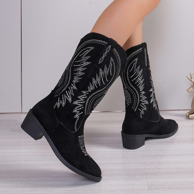 Autumn Embroidery Chunky Heel Below The Knee Pointed Toe Long Boots Women - Image 4