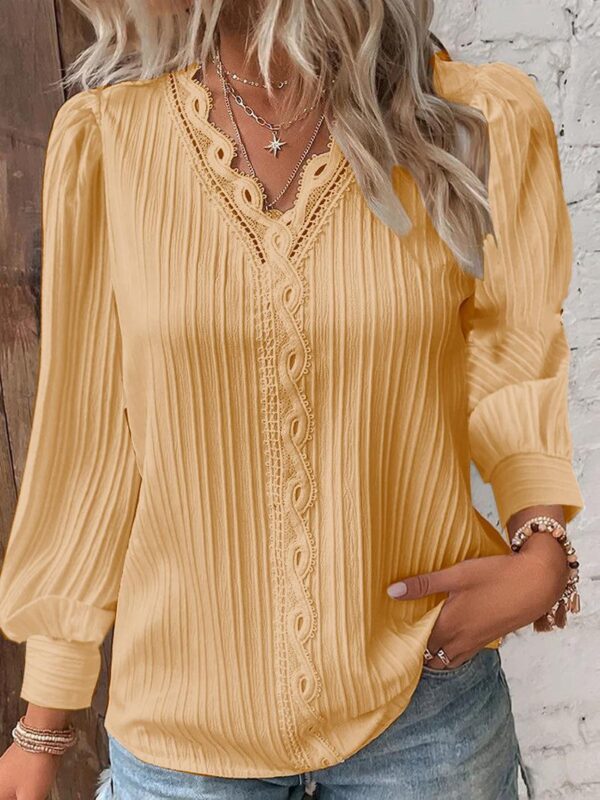 Long Sleeve V-neck Lace Patchwork Shirt - Image 9