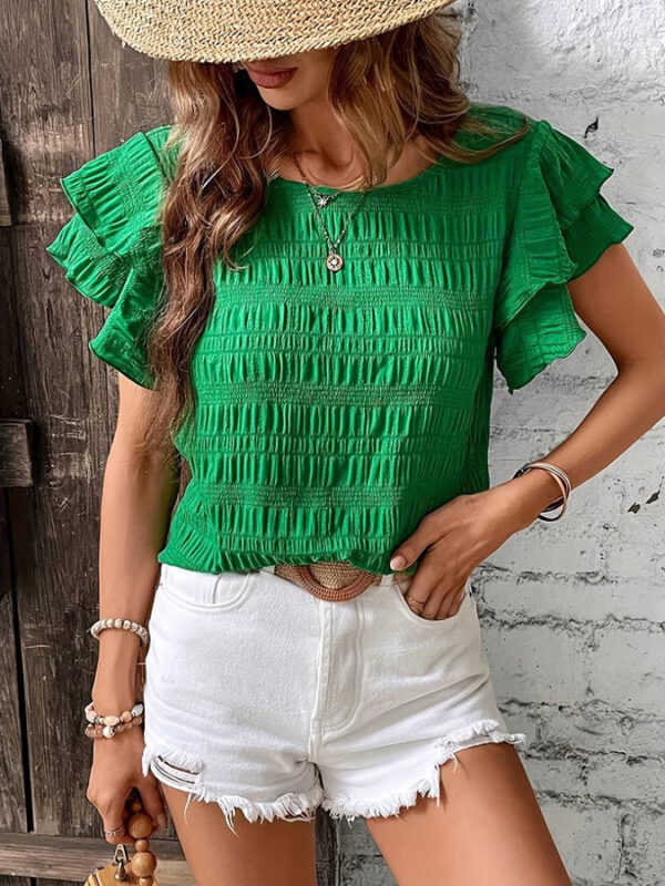 Summer Ruffled Short-sleeved T-shirt Casual Round Neck Pleated Design Top For Women Clothing - Image 3