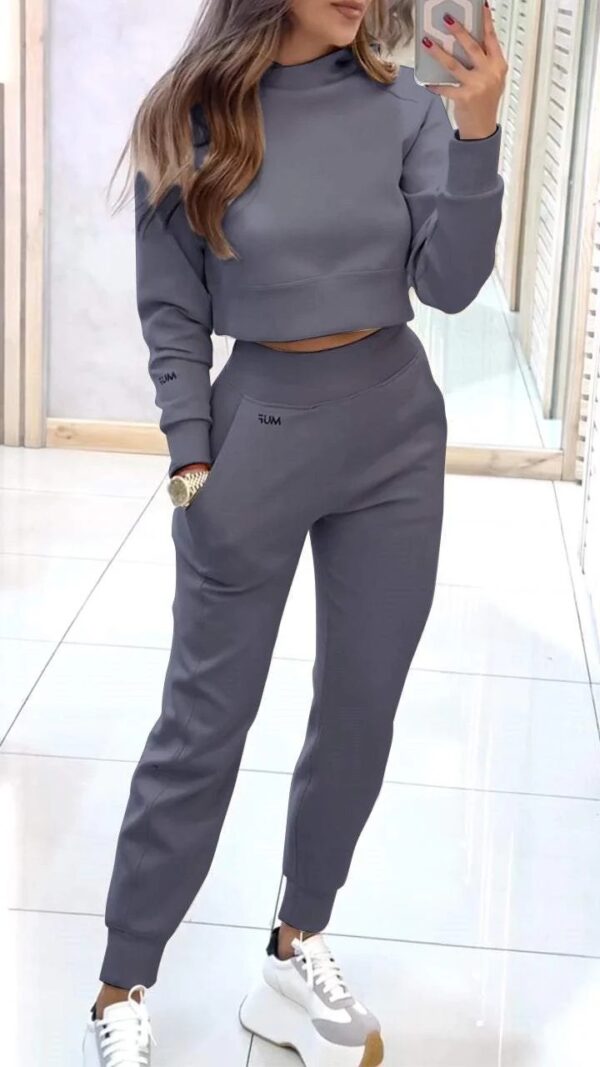 Stand Collar Sports Suit Fashion Pullover Long-sleeves Short Top And Slim Trousers With Pockets Solid Outfits Women's Clothing - Image 4