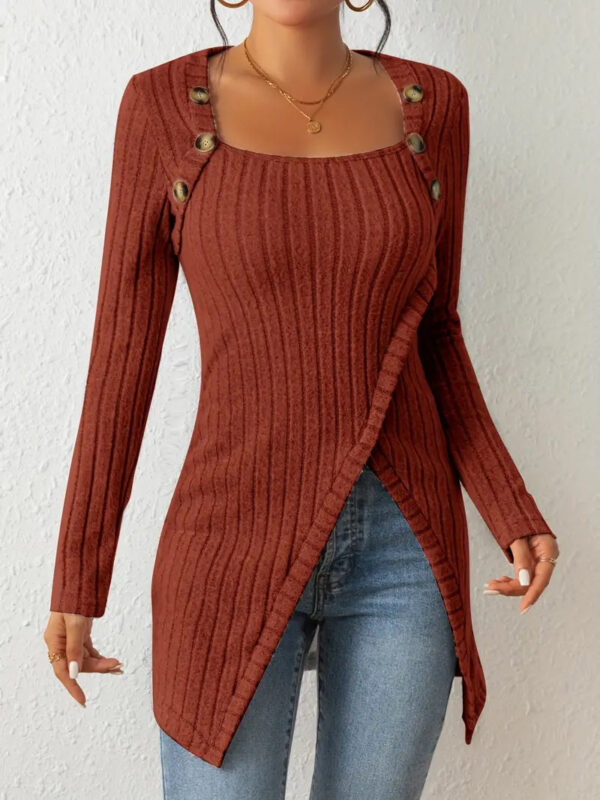 Square Collar Irregular Knitted Top With Button Design Fashion Solid Long-sleeved Long Top For Women Clothing - Image 7