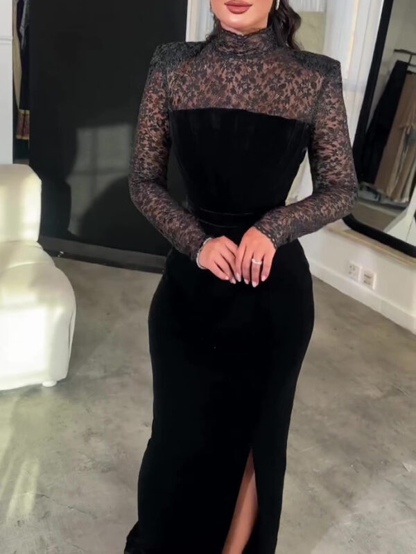 Black Long Sleeve Lace Velvet Bodycon Dress Two Piece Set - Image 4