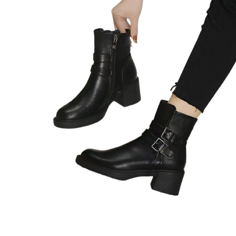 Black Belt Buckle Round Toe Mid Heel Short Boots For Women - Image 5