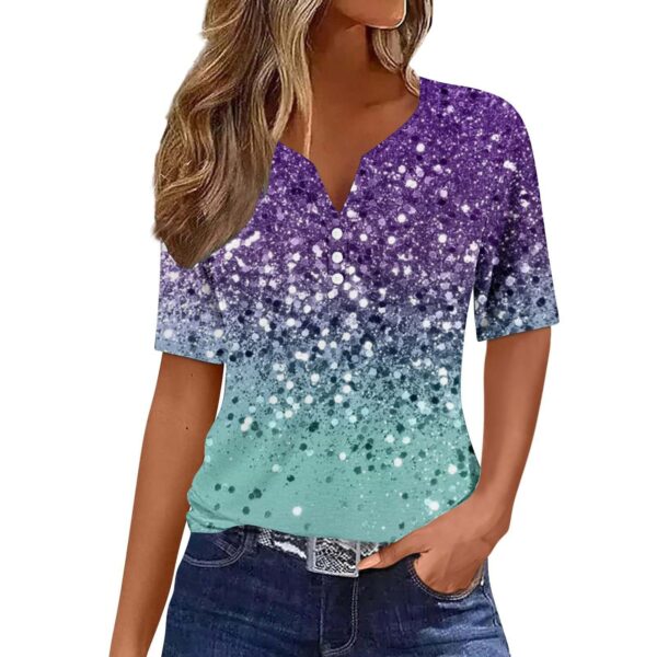 Women's Floral Printed V-neck Short Sleeve Button T-shirt - Image 6