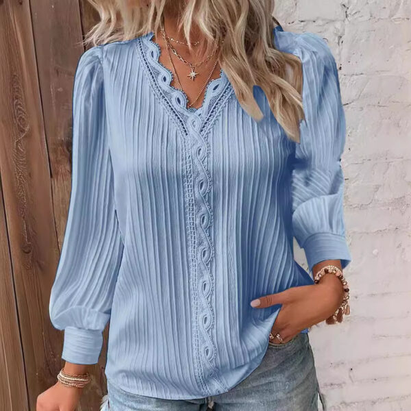 Long Sleeve V-neck Lace Patchwork Shirt - Image 3