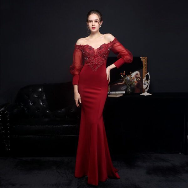 Full Craft Lace Hot Long-sleeved Evening Dress Tail Skirt - Image 3