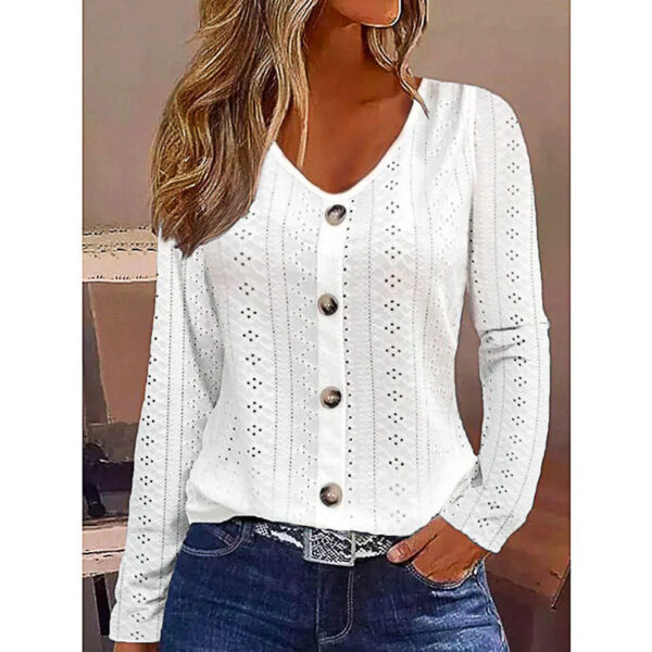 Women's Solid Color Jacquard V-neck Buttons Long-sleeved Top - Image 4