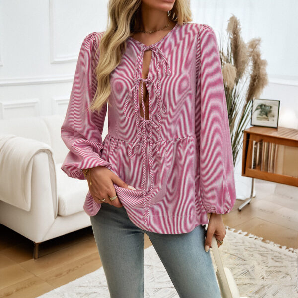 Women's Casual Loose Striped Lace-up Shirt - Image 5