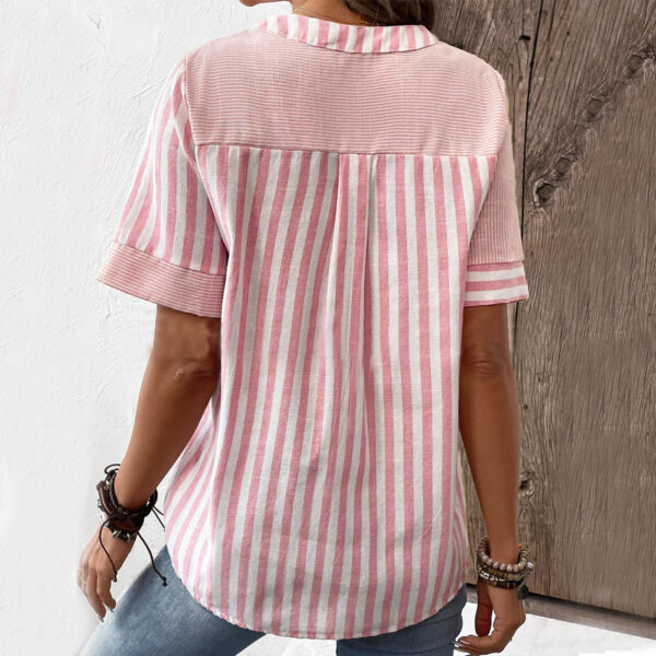 Summer V-neck Short-sleeved Shirt Blouse Fashion V-neck Asymmetric Stripes Patchwork Design Top Womens Clothing - Image 4