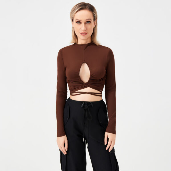 Long Sleeve Tie Cutout Sexy T-Shirt Women's Top - Image 2