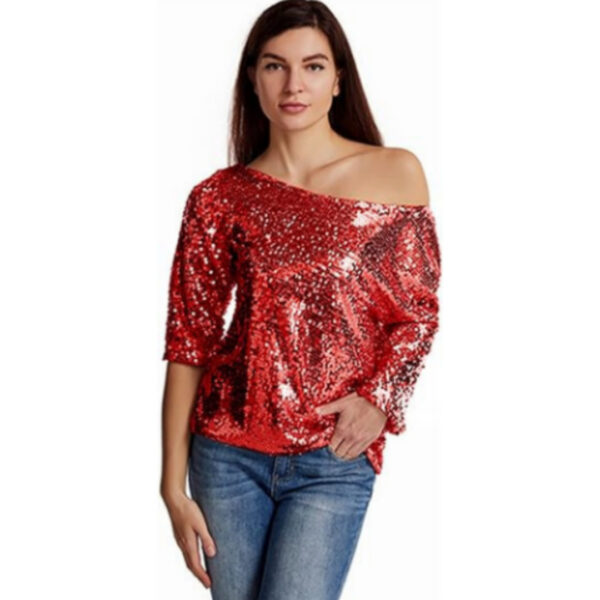 Loose Sequins Oblique Shoulder Short Sleeve Sequined Shirt