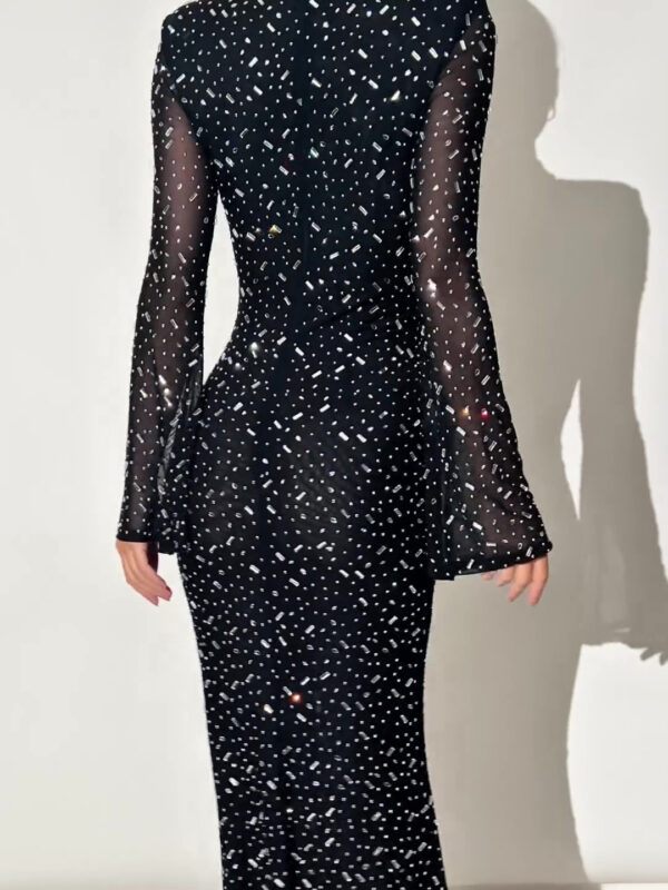 Black Long Sleeve Slim Fit Sparkling Rhinestone Dress - Image 4