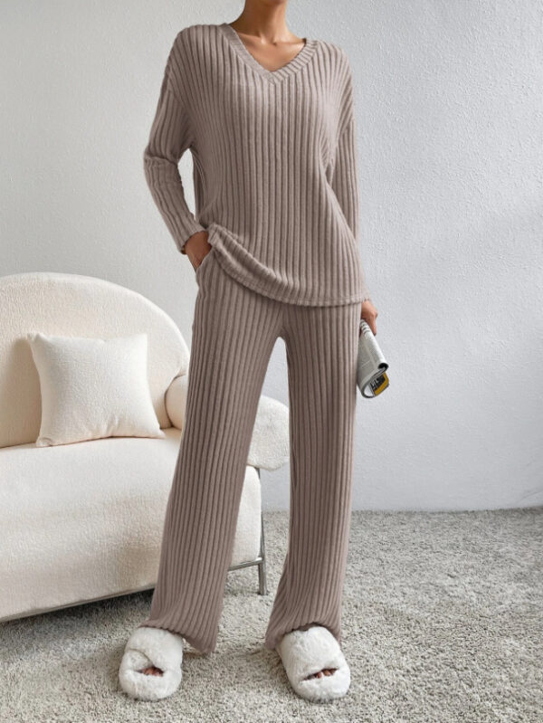 Fashion Solid Striped Suit V-neck Long-sleeved Top And Casual Straight Pants Loose Temperament Women's Clothing - Image 3