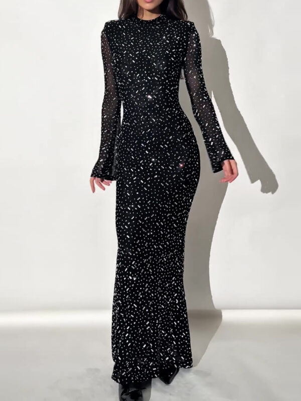 Black Long Sleeve Slim Fit Sparkling Rhinestone Dress - Image 3