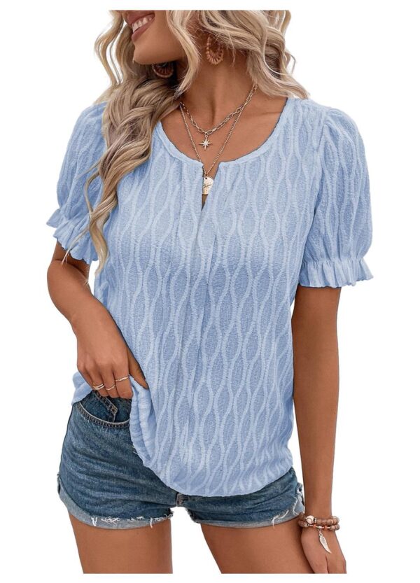 V-neck T-shirt Puff Sleeve Jacquard Women's Clothing - Image 9