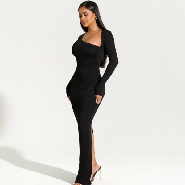 Long-sleeved Slim-fit Dress With Sloping Neck And Slit Back - Image 2