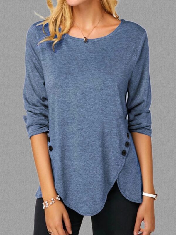 Irregular Button Hem Long Sleeved Round Neck Oversized T-shirt - Image 2