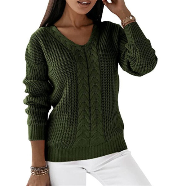 Long-sleeved V-neck Solid Color Twist Casual Knitted Pullover Top - Image 4