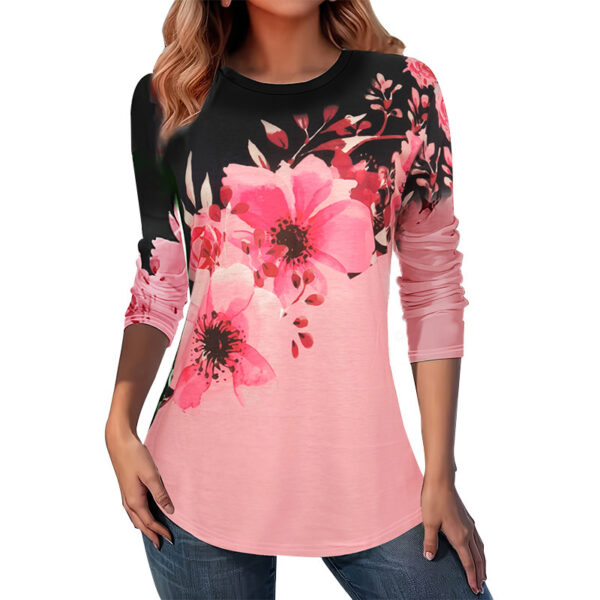 Vacation Style Flower Print Color Contrast Long Sleeve T-shirt Top - Image 5