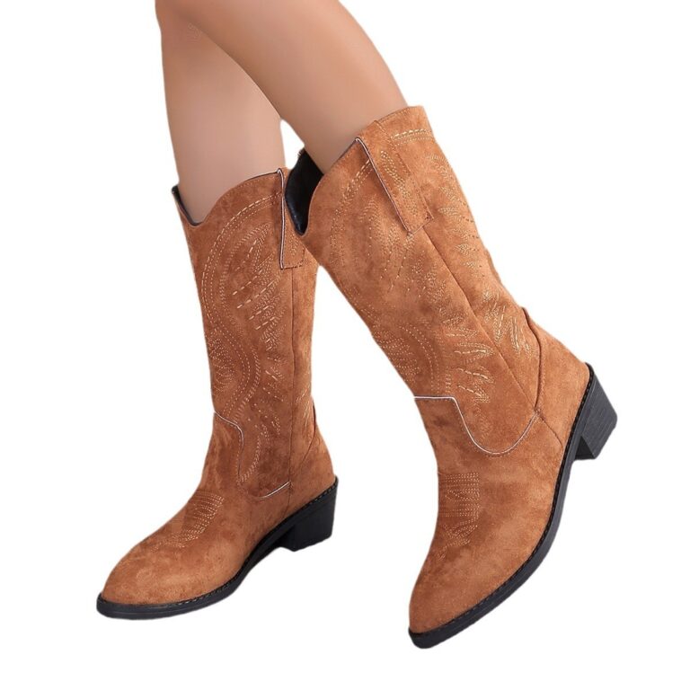 Autumn Embroidery Chunky Heel Below The Knee Pointed Toe Long Boots Women - Image 2