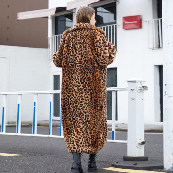 Faux Fur Leopard Print Rabbit Fur Super Long Suit Collar Fur Coat - Image 3