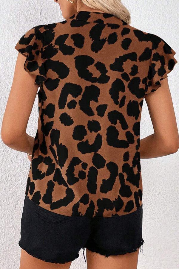 Leopard Print Pullover Chiffon Shirt Contrast V-neck Drop Shoulder Short Sleeve - Image 4