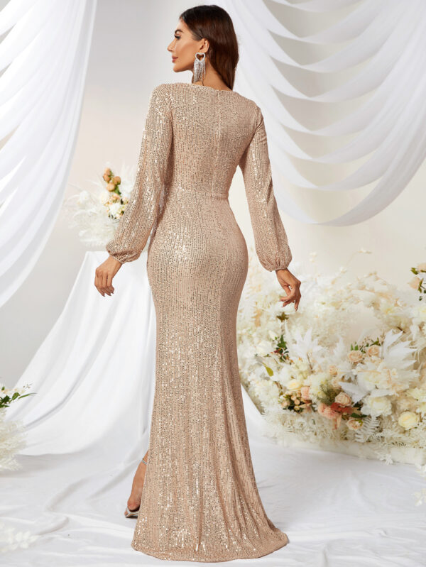 Sequined V-neck Long Sleeve High Slit Slim Fishtail Prom Evening Dress - Image 6