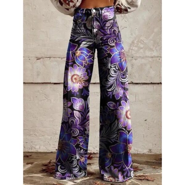 Fashion Women's Printed High Waist Loose Thin Imitation Denim Wide Leg Pants - Image 10