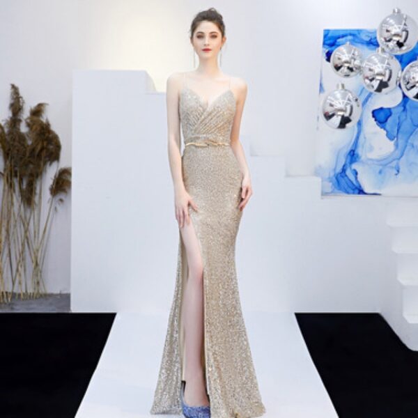 New Banquet Elegant Annual Meeting Long Host Deep V Sexy Fishtail Sequined Dress - Image 6