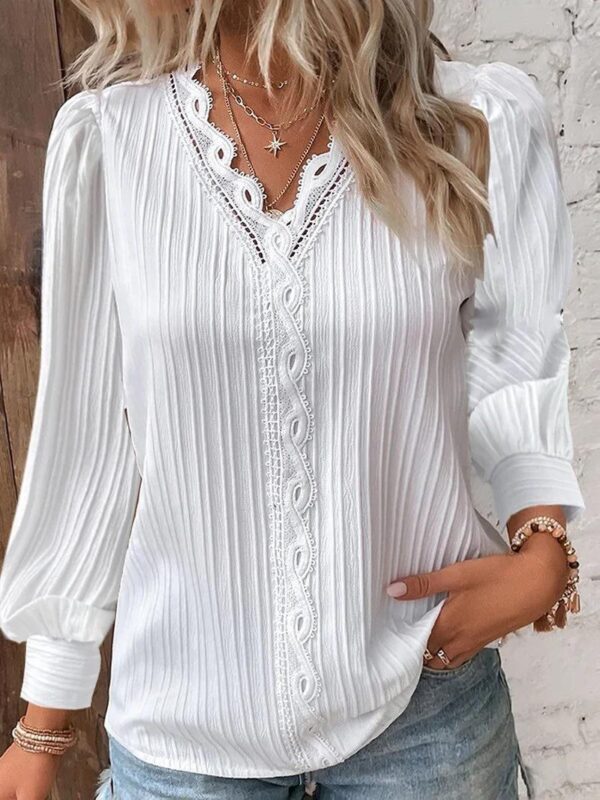 Long Sleeve V-neck Lace Patchwork Shirt - Image 6