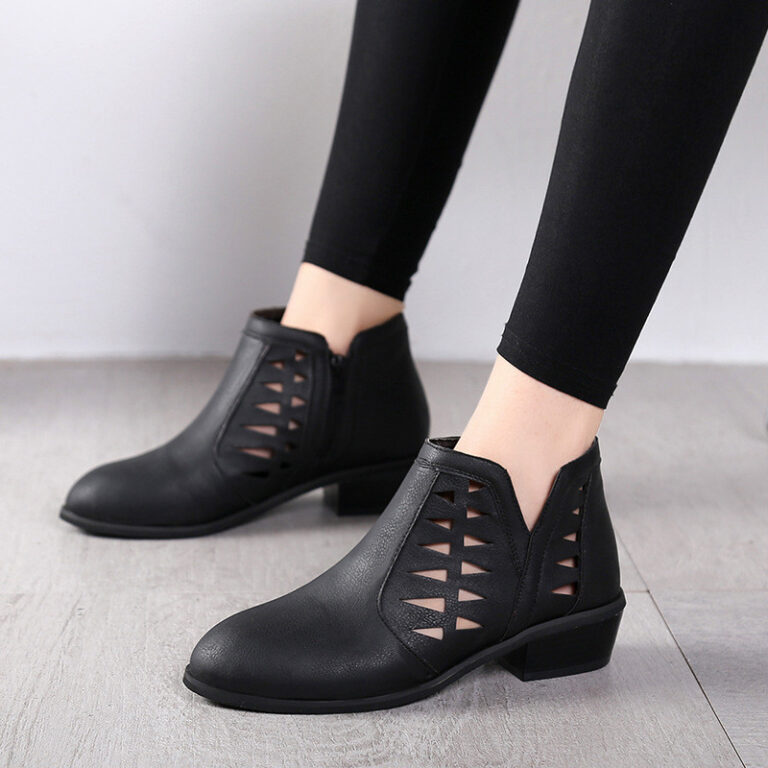 Ladies Side Zipper Hollow Thick Heel Women's Boots - Image 4