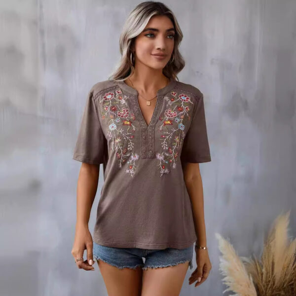 Fashion Flowers Embroidery Short Sleeve T-shirt Summer Stitching Lace-collared Blouse Womens Clothing - Image 5