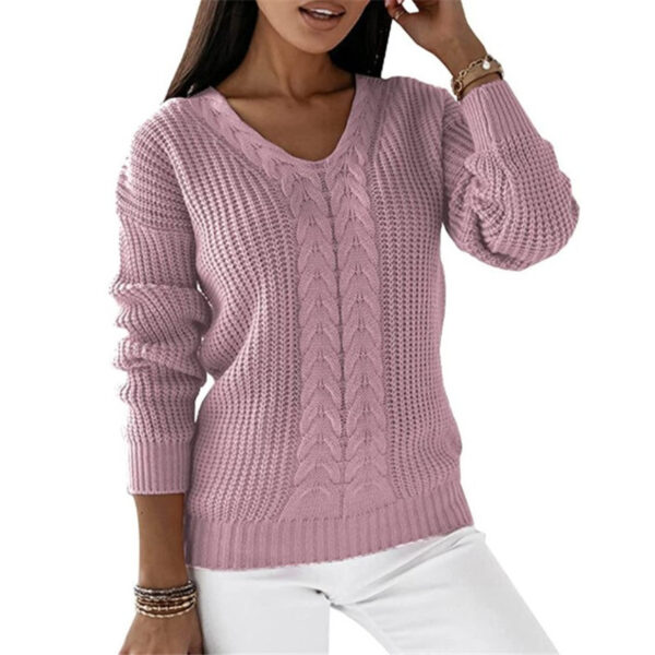 Long-sleeved V-neck Solid Color Twist Casual Knitted Pullover Top - Image 10