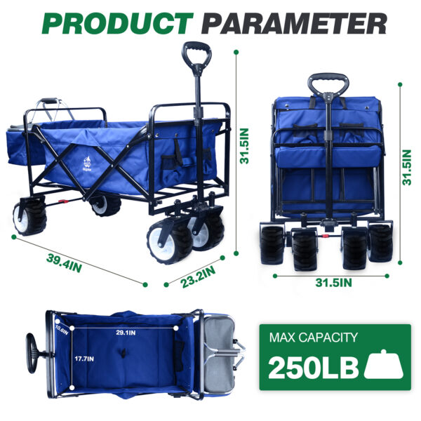 Collapsible Wagon,Wagons Carts Foldable Grocery Cart On Wheels Beach Wagon Foldable Cart With Wheels, Cooler Bag, Cup Holders,Cargo Net,Shopping, Garden,SportsBlue - Image 3