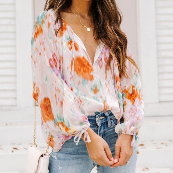 Multicolor Abstract Printing Split Collar Puff Sleeve Shirt