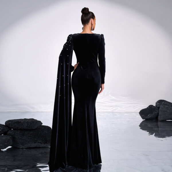 Velvet Round Neck Long Sleeve Rhinestone Evening Dress - Image 4