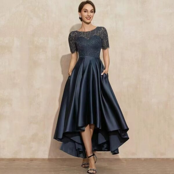 New Lace Short Front And Long Back Navy Blue Fashion Toast Party Dress