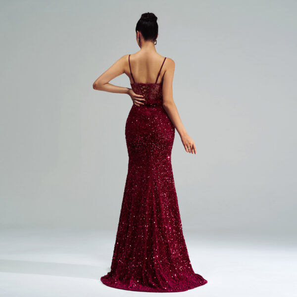 Spaghetti Straps Sleeveless Sequined High Slit Evening Dress - Image 5