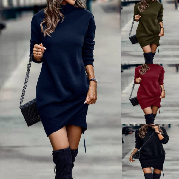 Long Sleeve Dress Solid Color High Neck Cross Short Dress Womens Clothing - Image 2