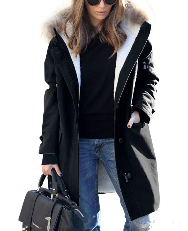 Women's Loose Extended Fur Collar Hooded Overcoat - Image 2