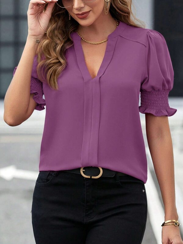 V-neck Graceful Puff Sleeve Solid Color Shirt - Image 7