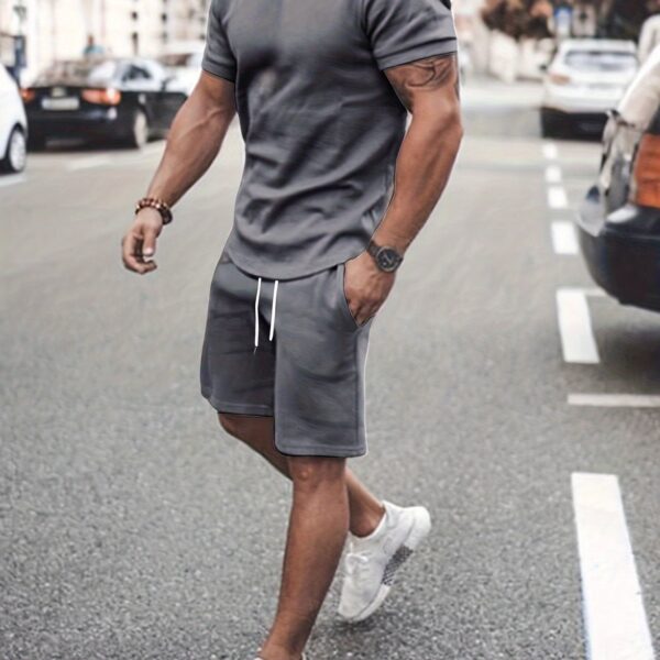 Men's Outfit, Solid Casual Crew Neck Short Sleeve T-Shirt & Drawstring Shorts 2-piece Set For Summer Outdoor Activities - Image 10